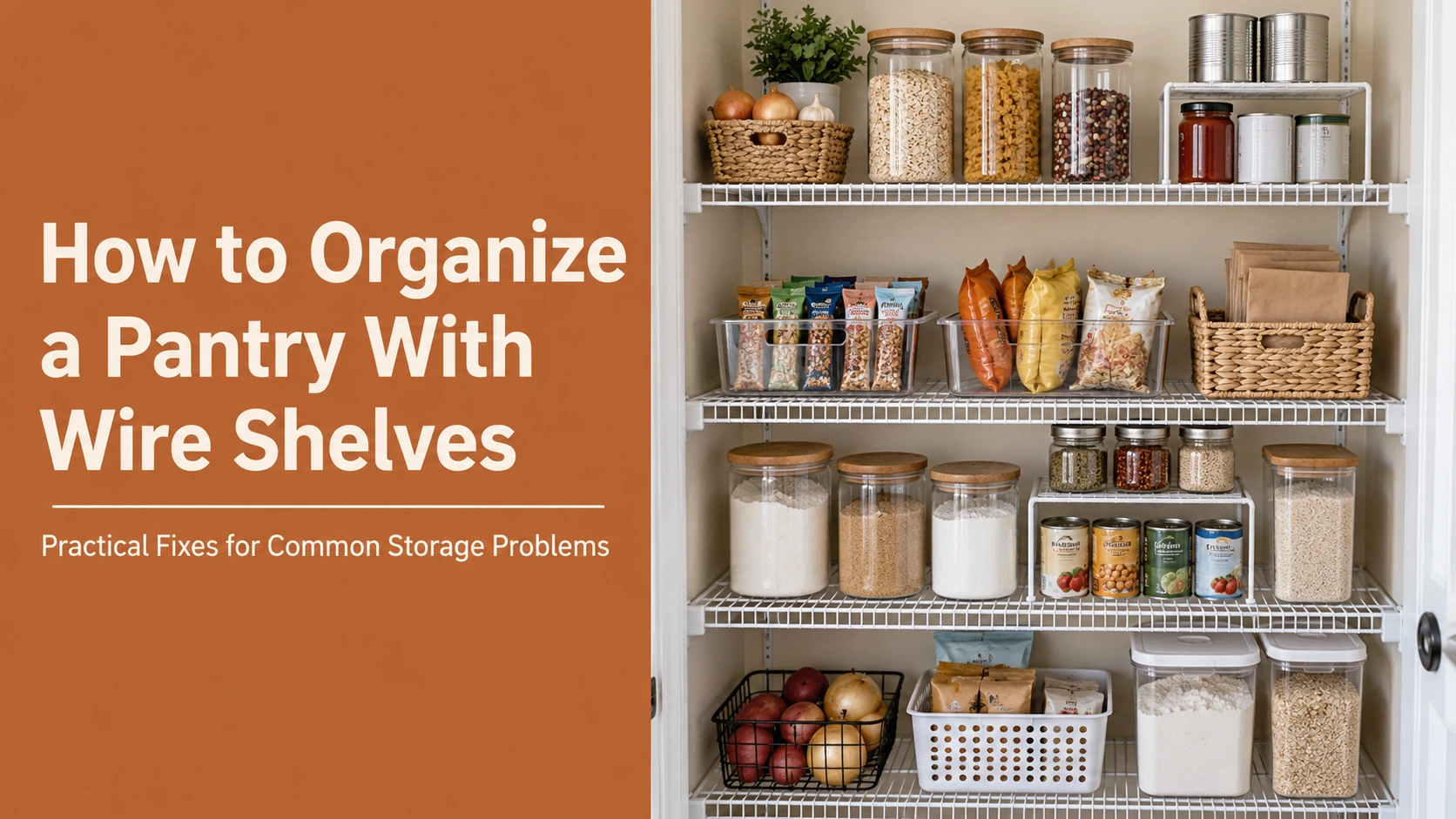 Organized wire-shelf pantry with bins and food containers