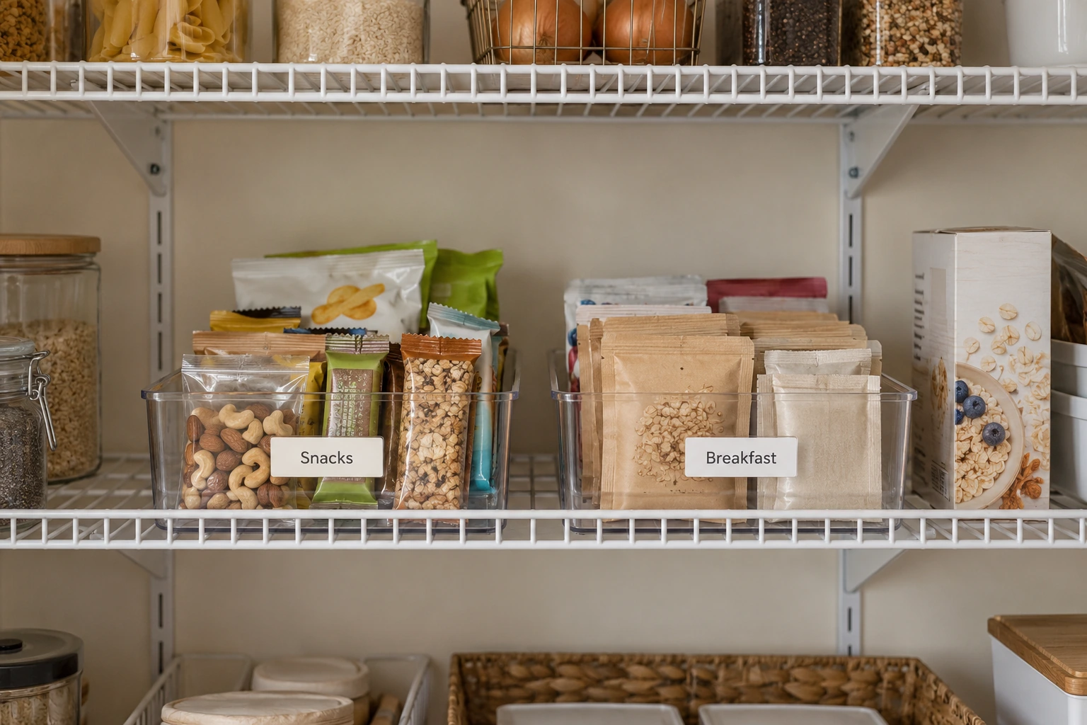 Wire shelf pantry organization with bins Wire shelf pantry organization with bins