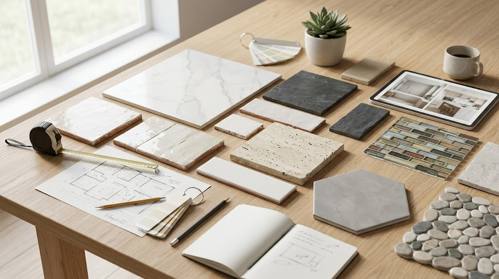 Comparison of porcelain, ceramic, mosaic, natural stone and glass tile samples for choosing the best online tile store in the USA.