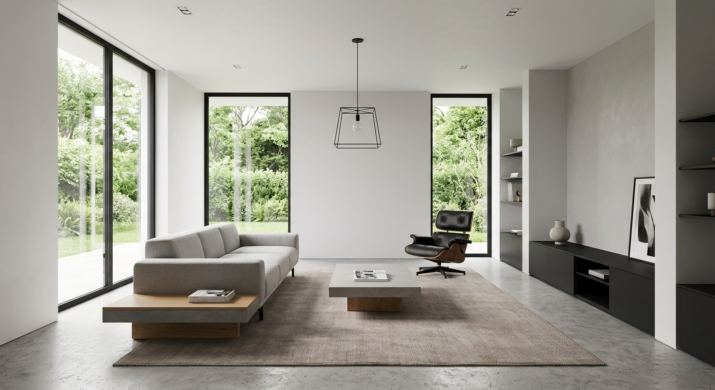 A minimalist modern living room with clean lines, a low grey sofa, a classic black lounge chair, a concrete coffee table, and large floor-to-ceiling windows showing lush green trees.