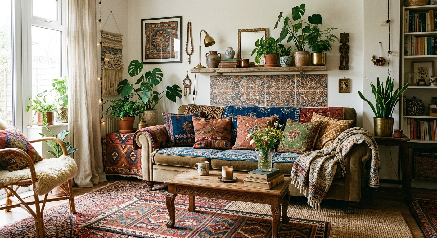 A cozy Bohemian-style living room featuring a brown sofa layered with diverse kilim cushions and textiles, framed by abundant indoor plants, an ornate tiled feature panel, and a detailed vintage rug.