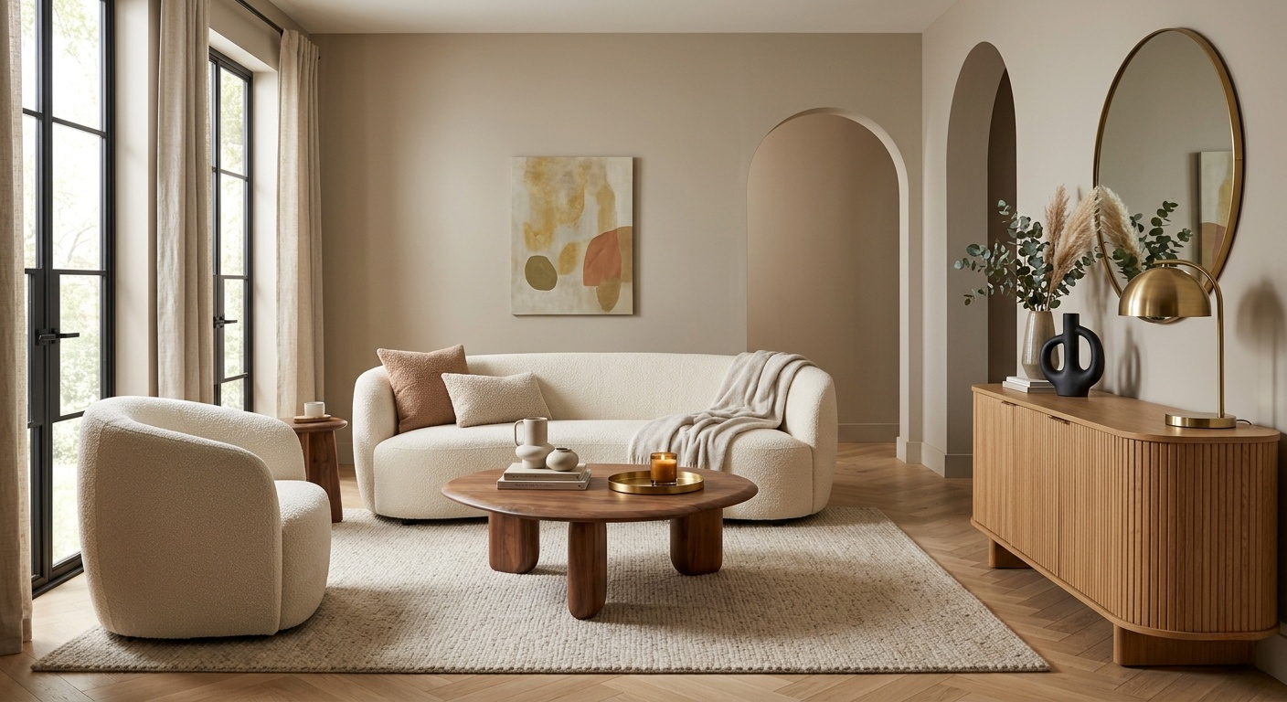 Modern contemporary living room featuring a curved bouclé sofa, warm wood tones, and soft neutral decor.