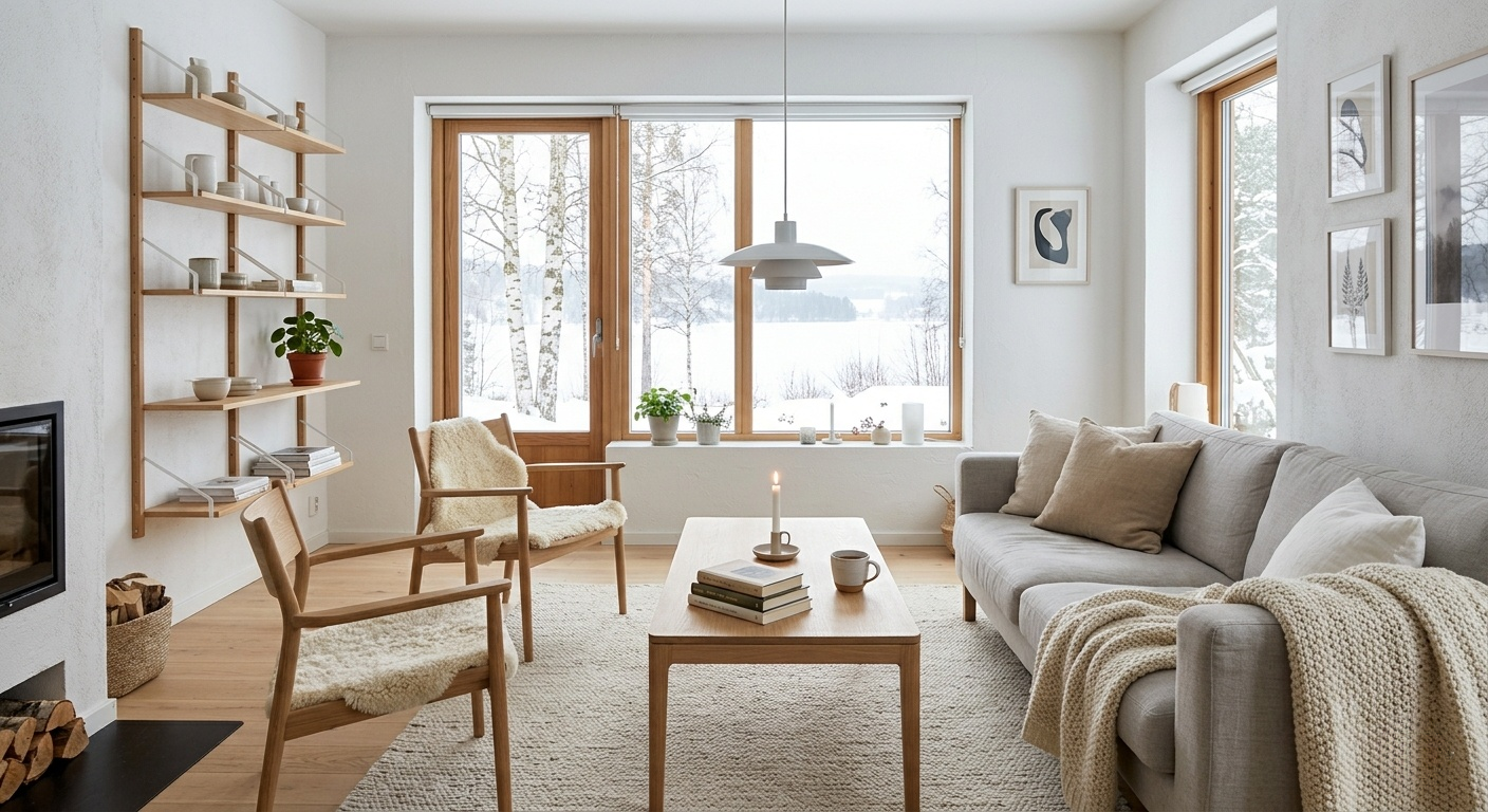 Bright Scandinavian living room with light wood furniture, a grey sofa, and large windows overlooking a snowy winter landscape.