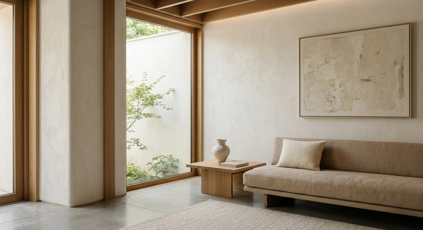 A minimalist living room with a low-profile beige sofa, a single cushion, a simple wooden coffee table with a ceramic vase, and a large window looking out onto a small tree, emphasizing a serene, open aesthetic.