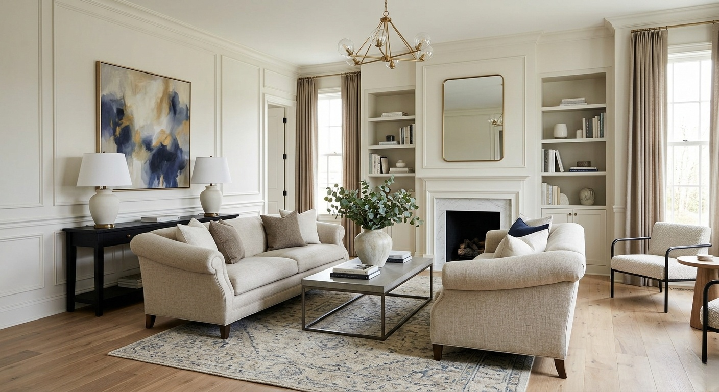 Transitional style living room featuring rolled-arm sofas, neutral paneled walls, a marble fireplace, and modern decor accessories.