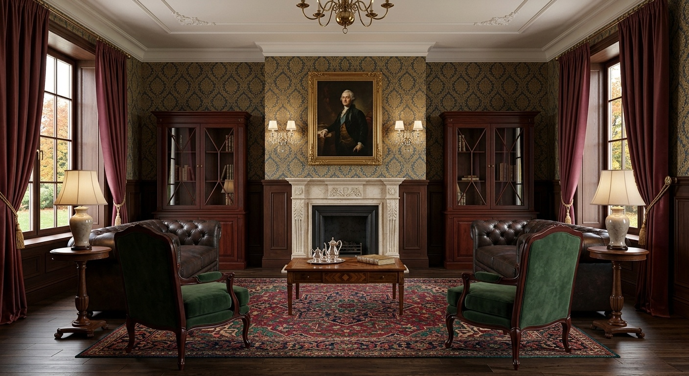 A formal, symmetrical traditional living room featuring dark wood built-in bookcases, a marble fireplace with a classic portrait above it, jewel-toned green armchairs, and rich burgundy drapery.