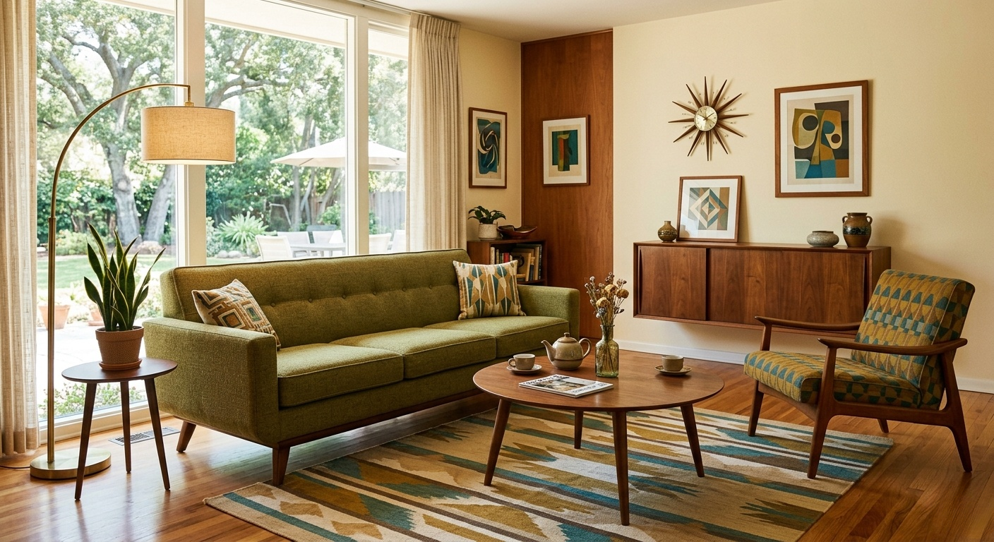 Mid-century modern living room featuring a low-slung olive green sofa with tapered wood legs, a teak coffee table, a geometric patterned rug, and a classic sunburst wall clock.