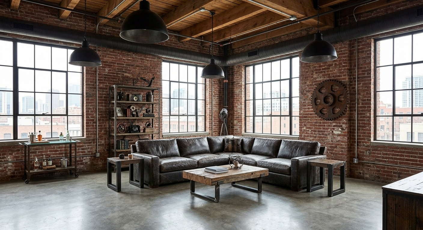Industrial loft living room with exposed brick walls, a dark leather sectional sofa, and concrete floors.